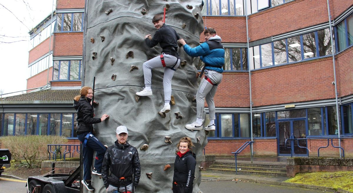 Level 3 Sport and Outdoor Activity Students on Climbing Wall at Bangor Campus